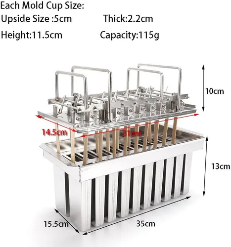 Vista 2 de 20 moldes de acero inoxidable para helados y paletas congeladas, soporte para palitos de helado + cepillo de limpieza