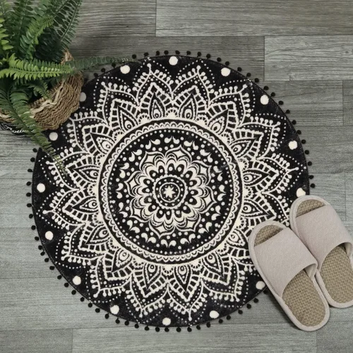 Vista 8 de Uphome Alfombra Redonda Pequeña de 2' Boho Beige y Gris Alfombra de Baño con Pompones y Flecos Lavable Mandala Círculo Tapete de Ducha Suave Mandala