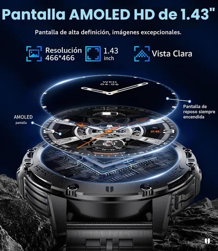 Vista 5 de LIGE - Reloj inteligente AMOLED de 1.43" para hombres con linterna, Bluetooth, llamadas, más de 100 modos deportivos, 530mAh, resistente al agua