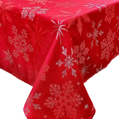 Vista 8 de Camino de mesa tejido jacquard metálico con copos de nieve azul navideño (corredor de 14" x 72")