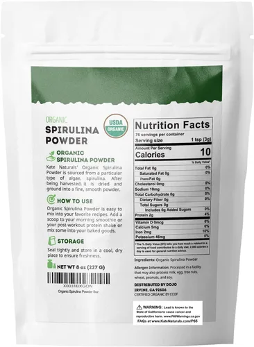 Vista 6 de Kate Naturals Polvo de espirulina orgánica para apoyo inmunológico y antioxidantes. Suplemento superalimento denso en nutrientes