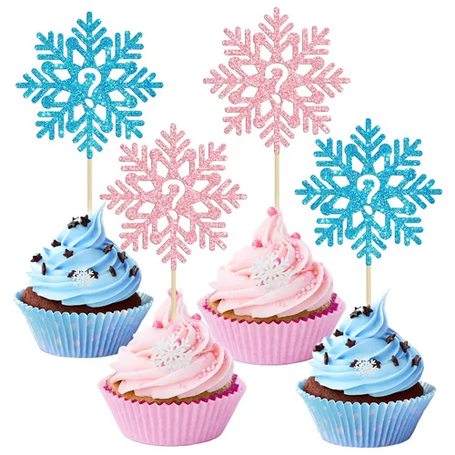 Vista 29 de Gyufise 24 piezas de copos de nieve Oh Baby Cupcake Toppers Glitter Winter Frozen Baby Shower Cupcake Picks para invierno, país de las maravillas