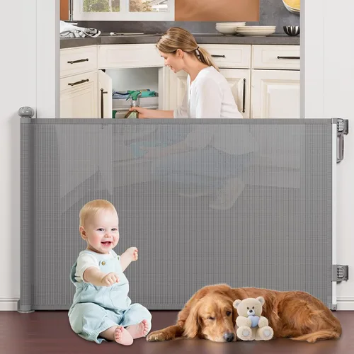 Vista 10 de Puertas de bebé retráctiles sin perforación, PRObebi puerta retráctil para perros para la casa, se extiende a 54" de ancho, 33" de alto, puertas