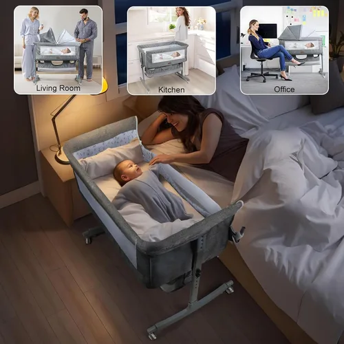 Vista 8 de 3-in-1 Bedside Crib for Baby, Adjustable Height Bassinet with Wheels, Storage & Mosquito Net, Portable Cradle for Newborn Infant 0-24 Months