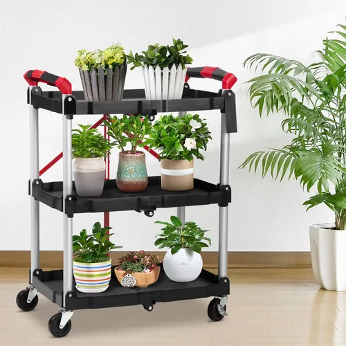 Vista 7 de Towallmark Carrito de servicio plegable portátil, carrito plegable de 3 niveles, carritos utilitarios plegables para oficina, almacén y hogar, Negro