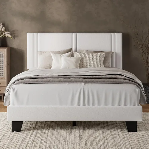 Vista 9 de iPormis Base de cama de plataforma individual con cabecera tapizada de tela y patas gruesas, base de colchón con soporte de listones de madera Gris