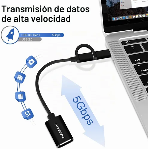 Vista 4 de Adaptador USB-C/Micro a USB, USB 3.0 2 en 1, cable adaptador OTG, compatible con MacBook Pro, Android, Google, Samsung y más, negro