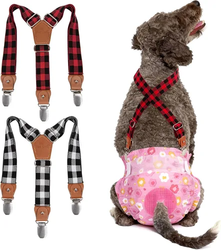 Vista 12 de Pet Soft Tirantes de pañales para perro hembra, 2 piezas, tirantes para falda de perro, vestido, Negro, rosa, marrón, burdeos