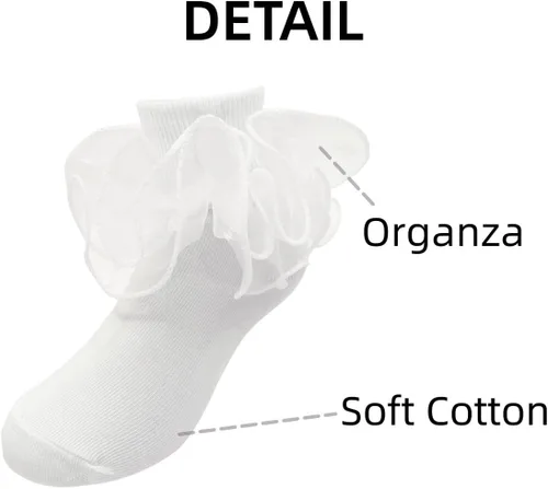 Vista 2 de 2 pares de calcetines con volantes de encaje doble para niñas, calcetines de encaje blanco princesa para niñas pequeñas