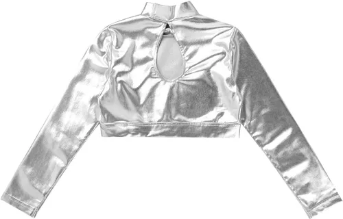 Vista 4 de TiaoBug Camiseta corta de manga larga con cuello alto falso para niñas y niñas, atlética, brillante, metálica, para danza, camiseta deportiva lisa