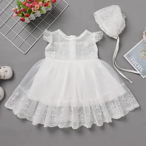 Vista 2 de Vestido de bautizo para niña recién nacida, con sombrero, encaje de flores, boda, primer cumpleaños, verano, bautizo, sesión de fotos