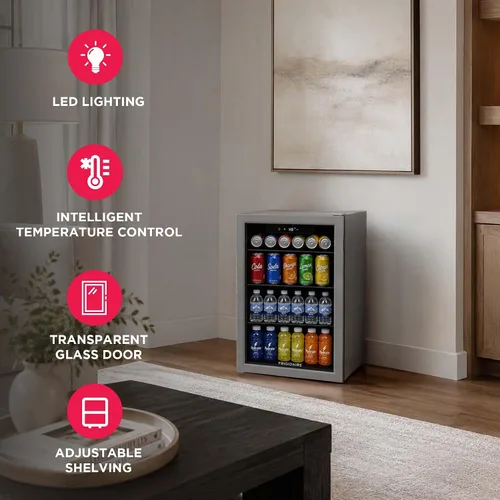 Vista 4 de Frigidaire EFMIS9O00, refrigerador de bebidas con puerta de vidrio, mini refrigerador compacto con control digital de temperatura que se adapta a 88