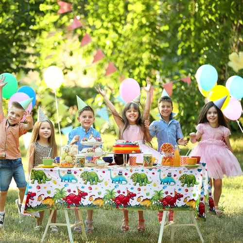 Vista 2 de Tegeme 1 mantel de plástico de dinosaurio para fiestas, 54 x 108 pulgadas, desechable, impermeable, con estampado de dinosaurios, para suministros