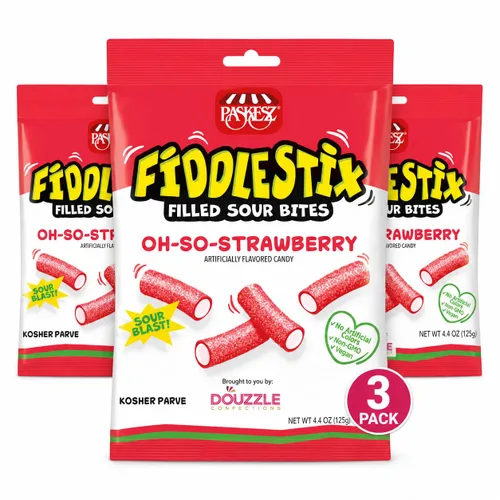 Vista 3 de DOUzzle Kosher, Fiddlestix - Caramelo de regaliz masticable Oh-So-Strawberry (4.4 onzas, 3 unidades) sin sabores ni colores artificiales, sin OMG