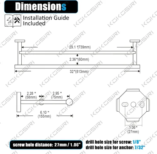 Vista 2 de KOKOSIRI Toalleros dobles de 32 pulgadas, toalleros de baño, ganchos para toallas de baño, 2 unidades, color negro mate B5005BK-L32+B1013BK-P2