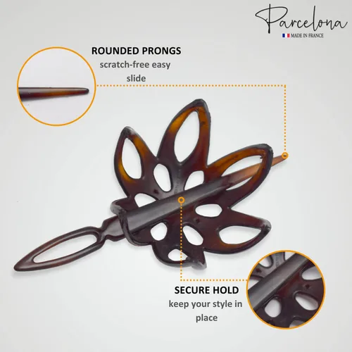 Vista 4 de Parcelona French Fleur - Pasador deslizante de pelo de 3 pulgadas con forma de concha de tortuga pequeña, pasador a través del moño, tapa de cola