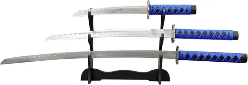 Vista 4 de Juego de espada samurái decorativa, colección Katana azul de 3 piezas con soporte de exhibición, 39.3/31.1/20.4 pulgadas