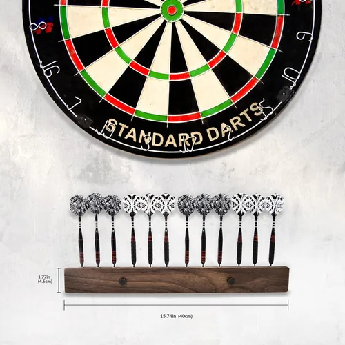 Vista 5 de DIMBOI Soporte de pared para dardos de madera de nogal, 4 juegos para un total de 12 dardos de punta de acero/suave, con marcador de línea