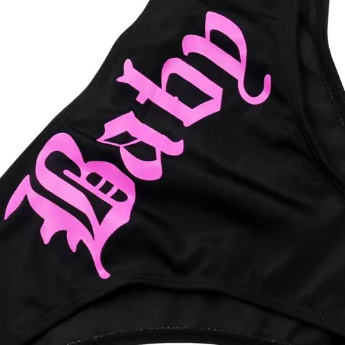 Vista 4 de JUMISEE Conjunto de bikini gótico con estampado de letras de calavera para mujer, traje de baño de 2 piezas de cintura alta