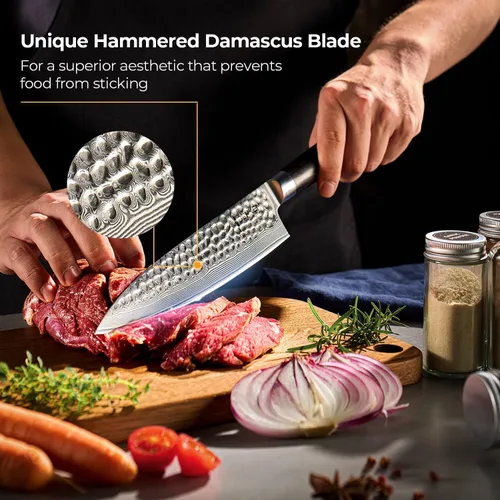 Vista 5 de SENKEN Damasco - Juego de cuchillos de 5 piezas, colección Ronin con núcleo de acero japonés VG10, cuchillos de chef con mango de madera, Santoku