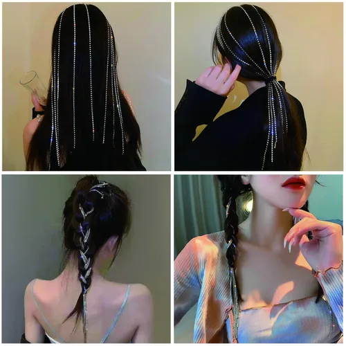 Vista 6 de Cadenas para el cabello para mujer, 4 pinzas de pelo plateadas con borlas de diamantes de imitación, extensiones de cabello, horquilla decorativa