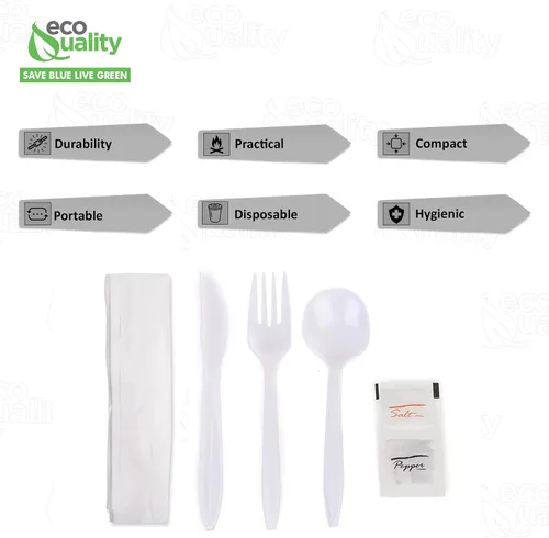Vista 2 de Kit de cubiertos envueltos 6 en 1 – Tenedor/Cuchara/Cuchillo/Servilleta/Sal/Pimienta – Kit de cubiertos desechables, perfecto para el almuerzo