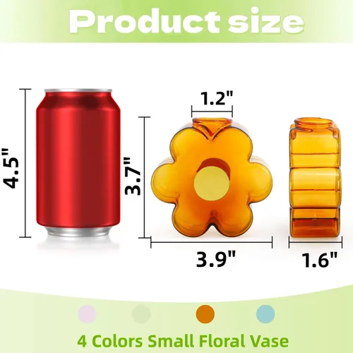 Vista 2 de Covzoe Paquete de 4 jarrones pequeños únicos, jarrón en forma de flor de vidrio Colorful Mini Bud Vases for Centerpieces, Cute Girly Modern