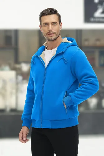 Vista 6 de MAGCOMSEN Chaqueta de forro polar con capucha para hombre, con cremallera completa, cálida, mullida, resistente al viento, abrigos de invierno