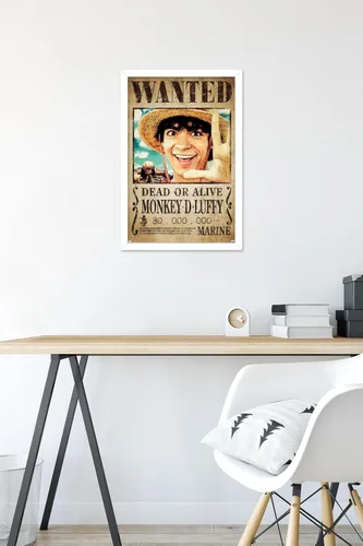 Vista 6 de Trends International Netflix One Piece - Póster de pared de Luffy Wanted, 22.4 pulgadas de largo x 14.7 pulgadas, versión enmarcada en blanco
