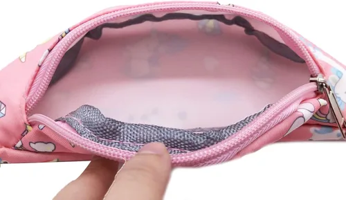 Vista 6 de Linda cangurera de dinosaurio para niños, riñonera pequeña con cinturón, bolso cruzado para la cintura para niños y niñas, Rosado, Riñonera
