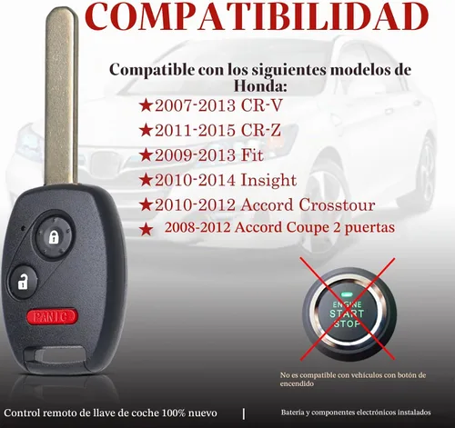 Vista 2 de Control Remoto de Llavero de Reemplazo Compatible con Honda CRV 2007 2008 2009 2010 2011 2012 2013/CRZ 2007-2014 2015/Fit/Insight/Accord