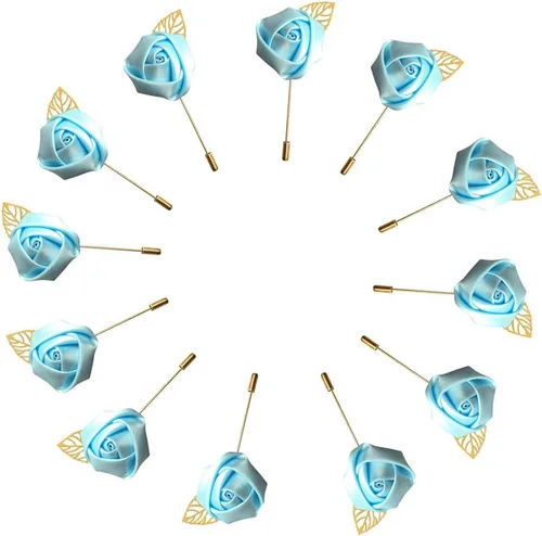 Vista 5 de 12 unids/lote Novio Boutonniere boda seda rosa (1.4 in) flores accesorios Prom Pin hombre traje decoración azul