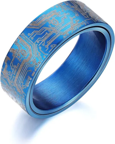 Vista 12 de Anillo de patrón de placa de circuito de computadora de 0.315 in negro/plata/azul/oro - Spinner Fidget Alivio de la ansiedad Anillo de acero