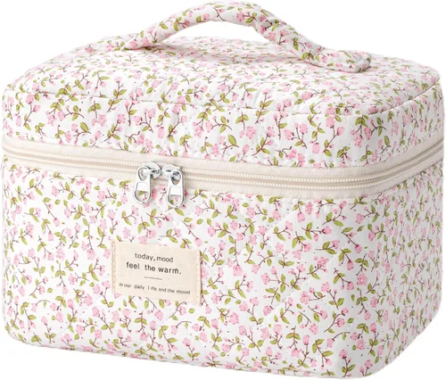 Vista 19 de HBselect Bolsa de Maquillaje Acolchada, Bolsa de Maquillaje Grande de Algodón para Viaje, Lindas Bolsas de Maquillaje con Flores Coquette, Bolsas