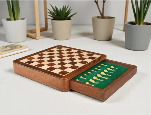 Vista 4 de RoyalChessMall- Juego de ajedrez magnético de viaje con cajón, 10 pulgadas, madera de palisandro dorado