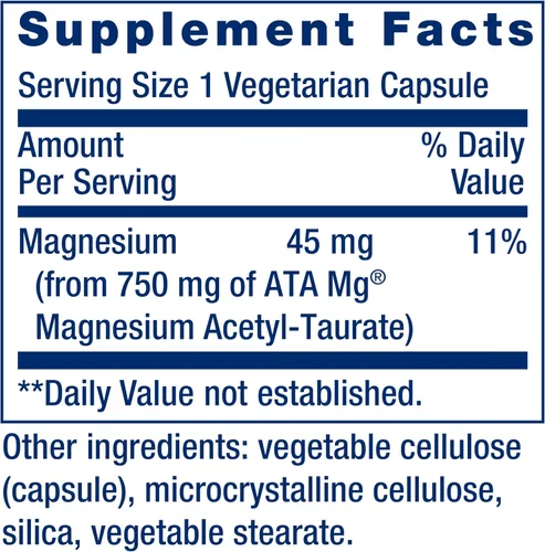 Vista 3 de Life Extension Calm-Mag, Acetil Taurinato de Magnesio, Fórmula Diaria de Manejo del Estrés, Apoya la Calma y la Relajación, Sin Gluten, Sin OGM