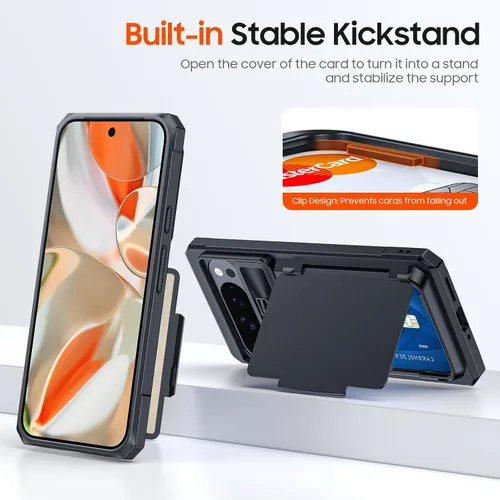 Vista 5 de CENMASO - Funda para Google Pixel 9 Pro XL con tarjetero (4 tarjetas), funda deslizante para cámara y función atril, bloqueo RFID, protección