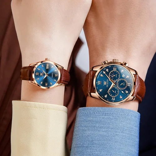 Vista 13 de OLEVS Juego de 2 relojes de cuarzo para parejas de San Valentín, para él y ella, cronógrafo de cuero, con diamantes para hombres, mujeres, amantes