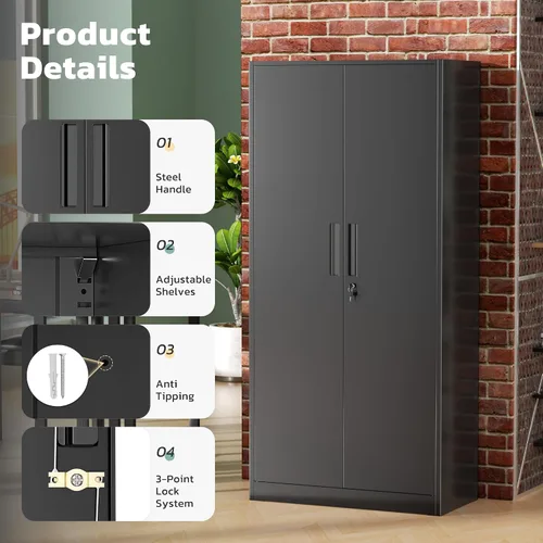 Vista 4 de Greenvelly Armario de almacenamiento de metal con cerradura, gabinete de almacenamiento cerrado negro de 72 pulgadas con 2 puertas y 4 estantes