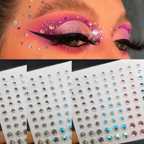 Vista 6 de Pegatinas de diamantes de imitación de acrílico autoadhesivas para maquillaje de rostro, cara y rostro, gemas para mujeres, accesorios de festival