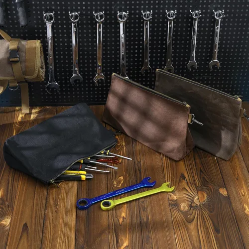 Vista 5 de Bolsa de herramientas de lona encerada, bolsa de herramientas resistente con cremallera suave y bolsa multiusos con mosquetón