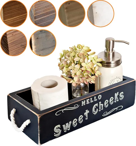Vista 6 de MAINEVENT - Caja de decoración de baño con frase "Hello Sweet Cheeks", una caja con diseño en 2 lados, organizador de baño de estilo granja