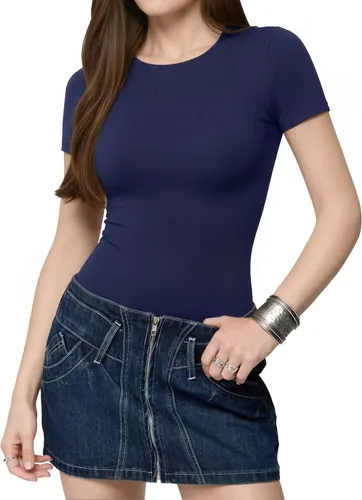 Vista 2 de ALGALAROUND Body de manga corta con doble forro para mujer, camisetas básicas, trajes corporales