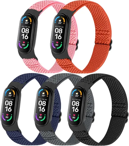 Vista 9 de TumpCez Paquete de 5 correas de nailon Solo Loop compatibles con Xiaomi Mi Band 7 6 5 4 3/Amazfit Band 5 correas, ajustable, transpirable, cómoda