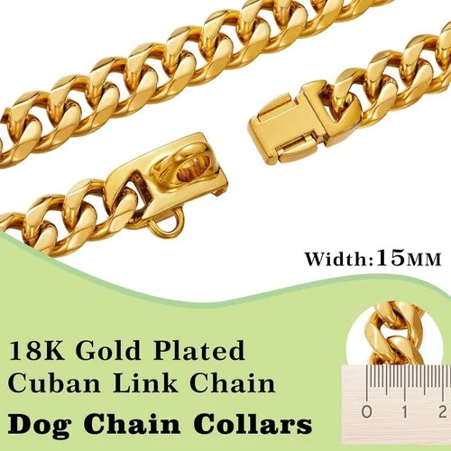 Vista 3 de Collar de perro de acero inoxidable chapado en oro de 18 quilates con cierre de seguridad de 15 mm de eslabones cubanos resistentes para perros