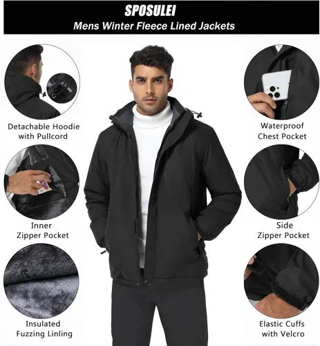 Vista 5 de SPOSULEI - Chaquetas de esquí para hombre con capucha, chaquetas de snowboard, impermeables, forro de vellón, abrigos con bolsillos múltiples