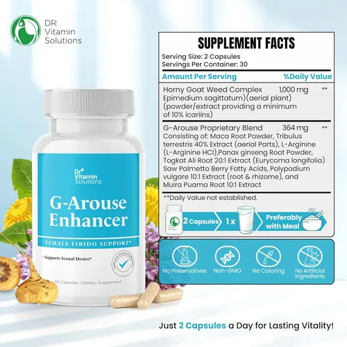 Vista 6 de Dr Vitamin G-Arouse Enhancer for Female Potenciador de libido femenino para aumentar la energía, 60 cápsulas y ácido caprílico y lactoesporas