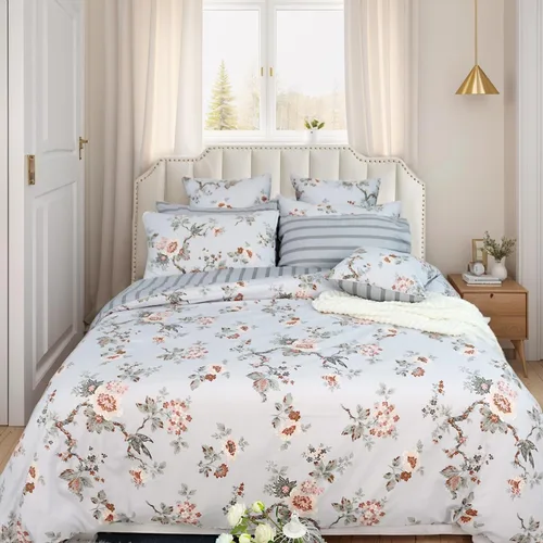 Vista 25 de FADFAY Juego de funda de edredón tamaño individual azul con flores de rosa y peonía, ropa de cama rústica con flores de peonía, juego de funda