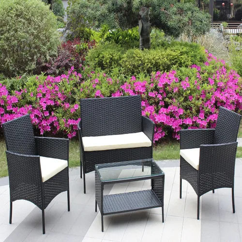 Vista 2 de Juego de sofá de ratán para exteriores, 4 piezas, juego de muebles de mimbre para patio, silla acolchada y mesa de centro (cojín beige)