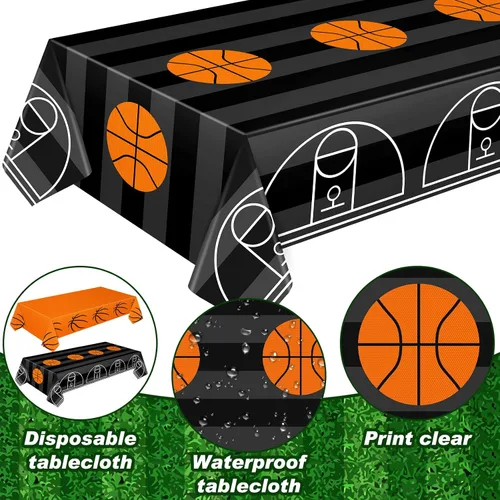 Vista 3 de Mixweer 2 piezas de mantel de plástico para baloncesto, decoraciones de fiesta de cumpleaños, 137 x 274 cm, mantel rectangular de campo